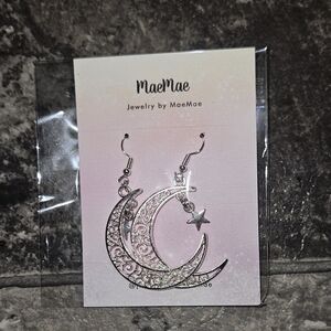 Filigree crescent moon with a star charm Dangly Earrings BNIB